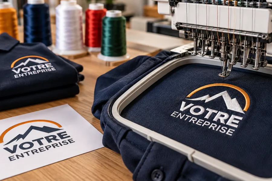 Logo brodé sur un polo marine dans le cadre d'une machine à broder