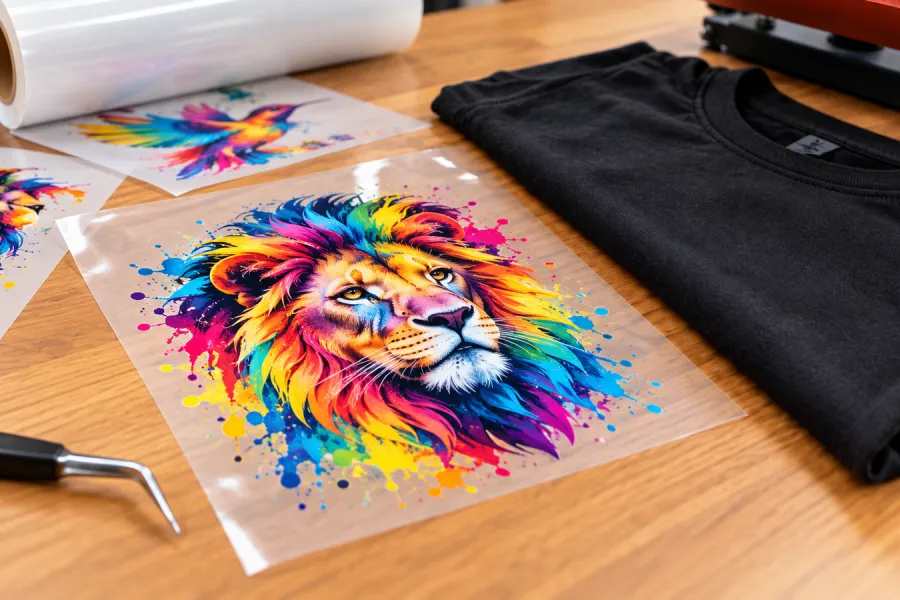 Transfert DTF multicolore (lion) prêt à être posé sur un t-shirt noir