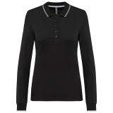Polo maille piquée manches longues femme coloris Black / Light Grey / White