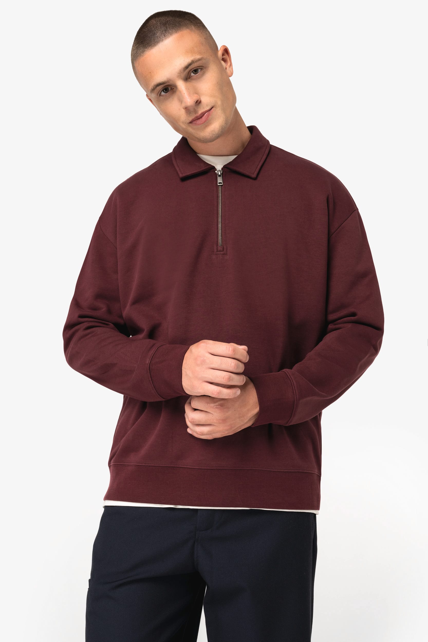 Sweat-shirt écoresponsable quart zip col polo à épaules tombantes unisexe – vue 3