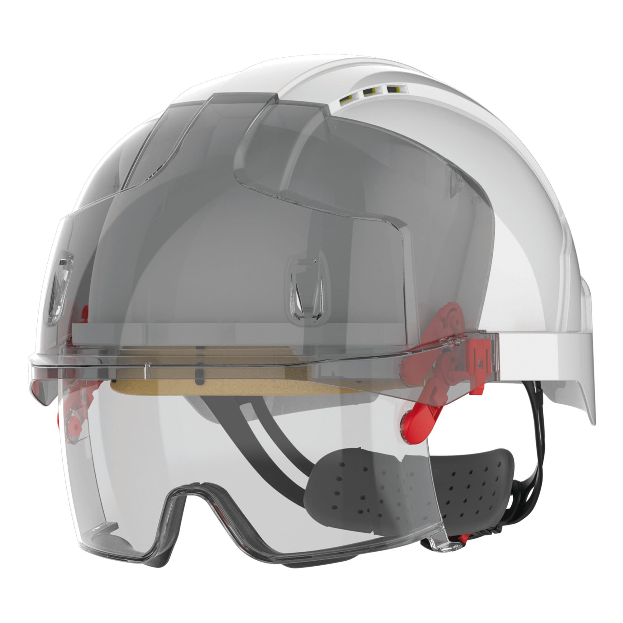 Casque de sécurité EVO® VISTAlens™ micro-visière, ventilé, avec sur-lunette integrée anti-buée, anti-rayures KN – vue 1