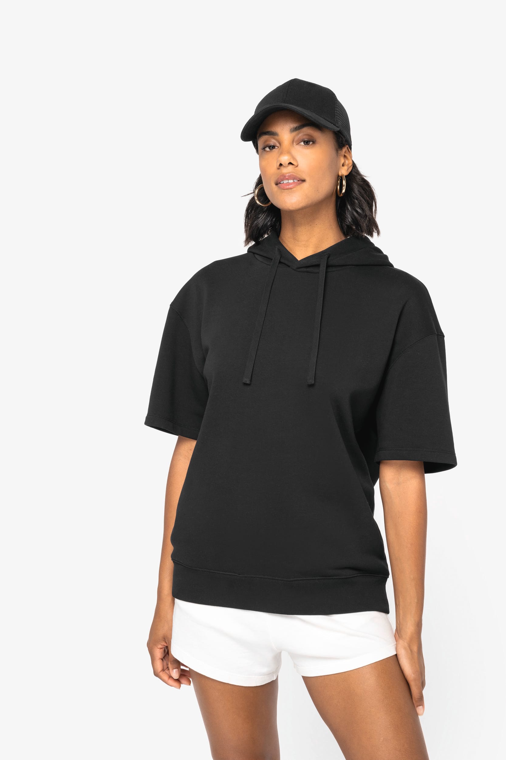 Sweat-shirt écoresponsable à capuche à épaules tombantes manches courtes French Terry unisexe – vue 2