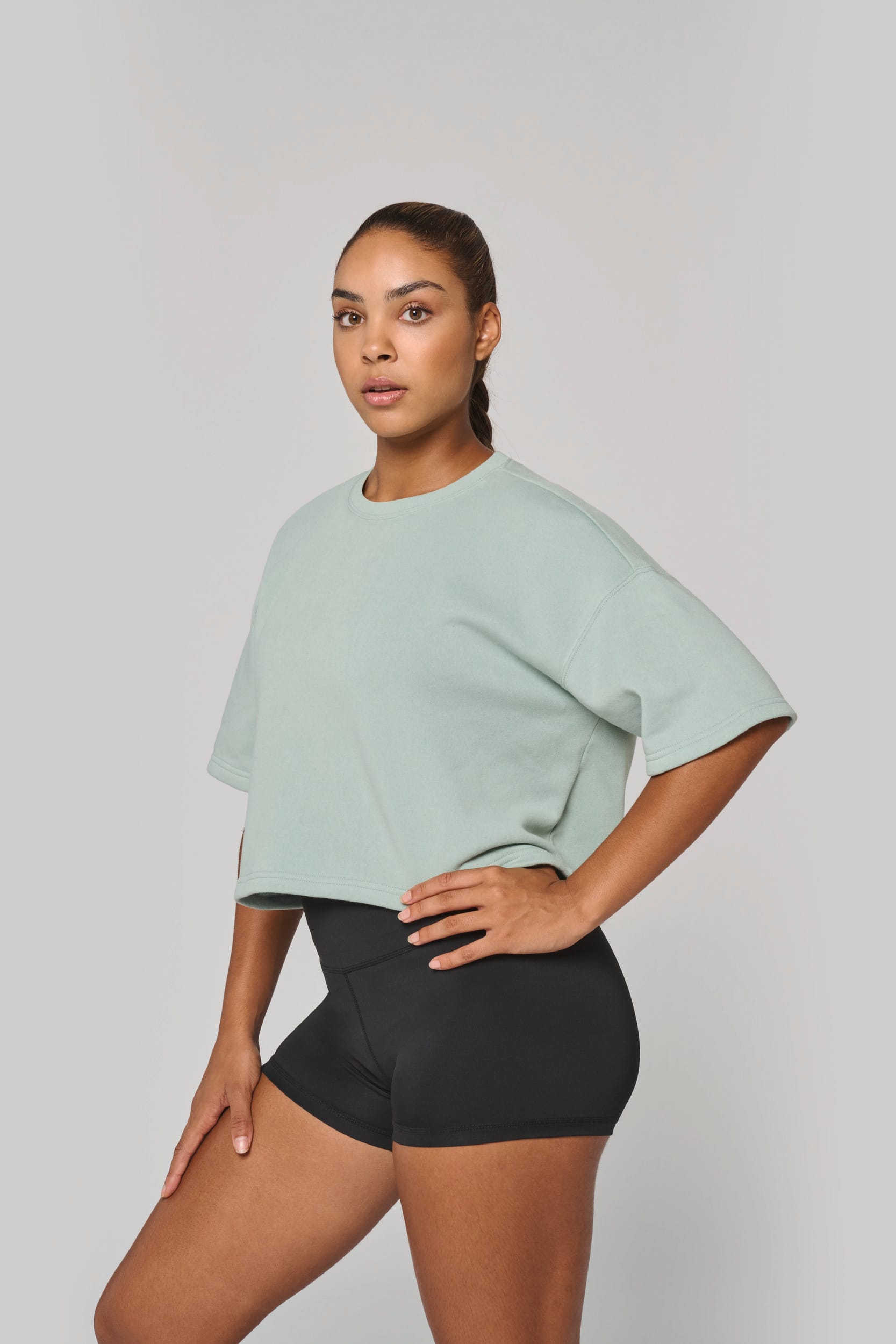 Sweat-shirt crop à manches courtes col rond femme