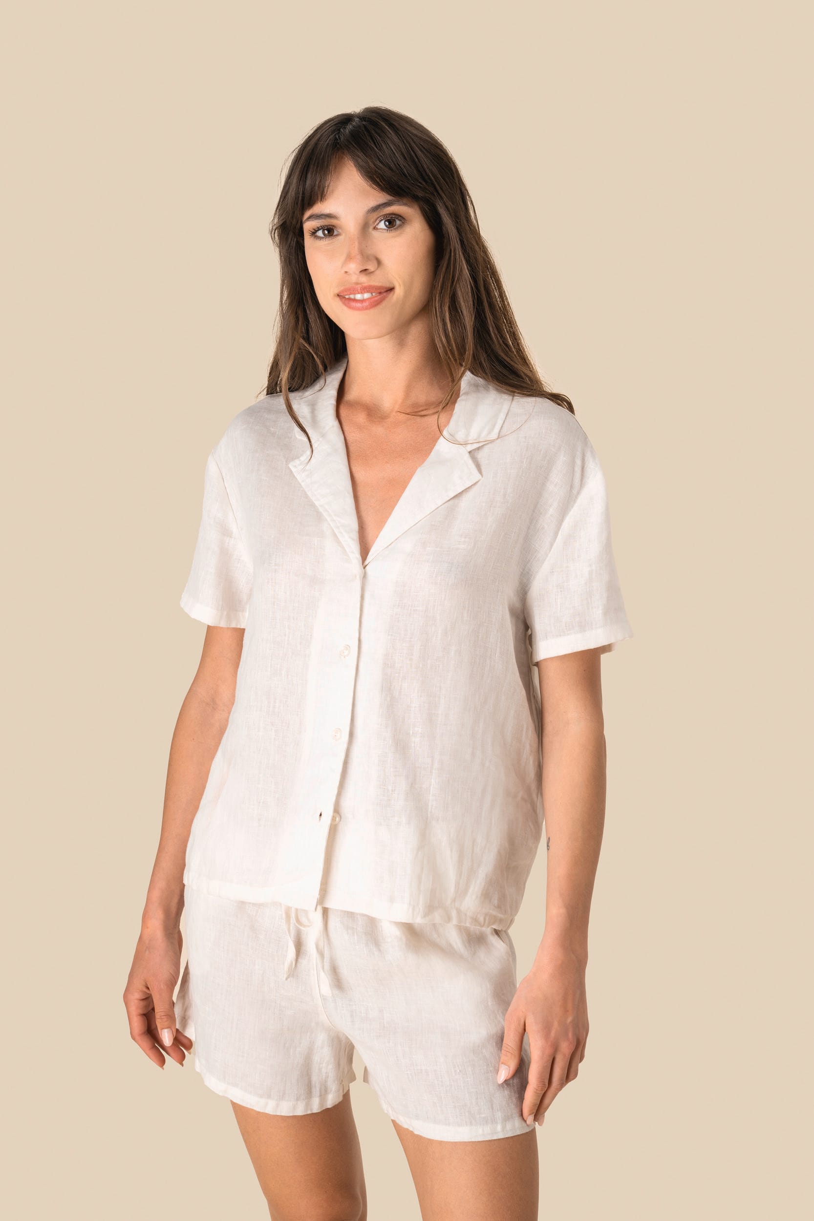 Chemise à col bowling manches courtes en lin femme