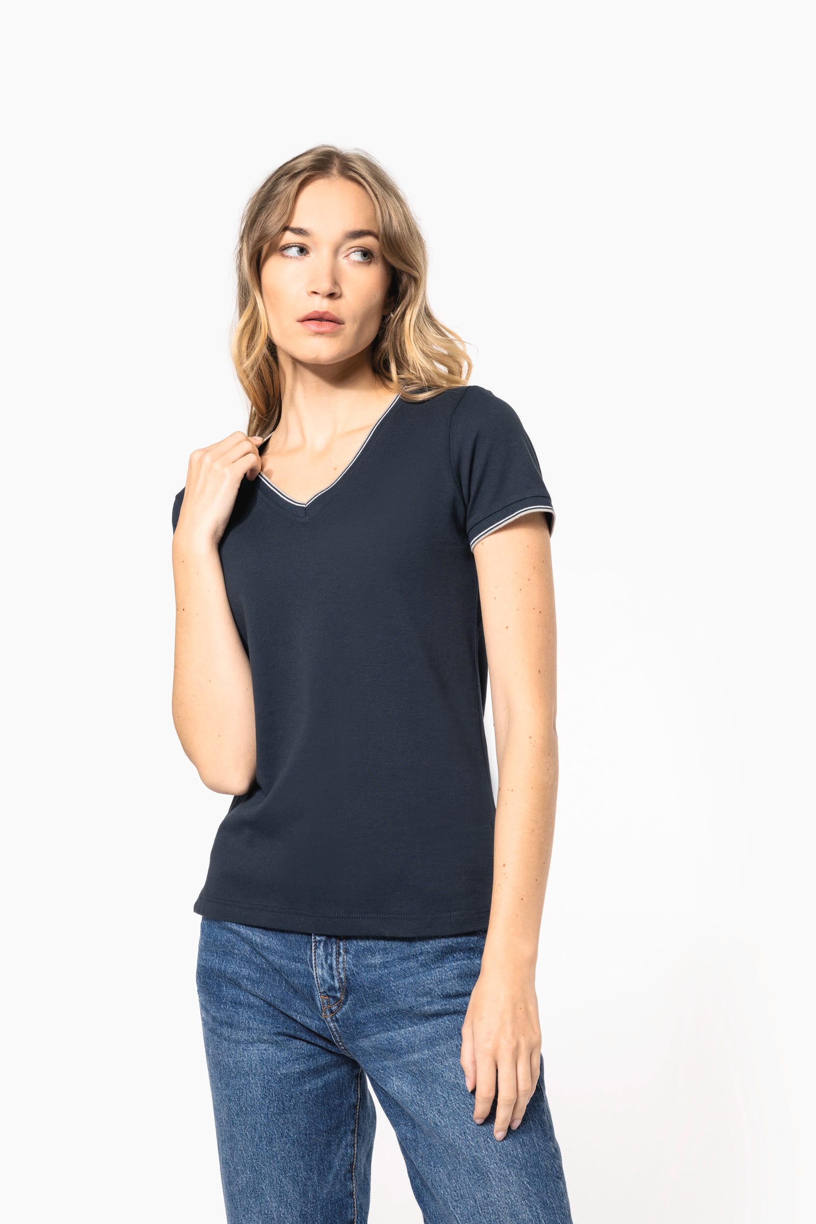 T-shirt maille piquée col V femme