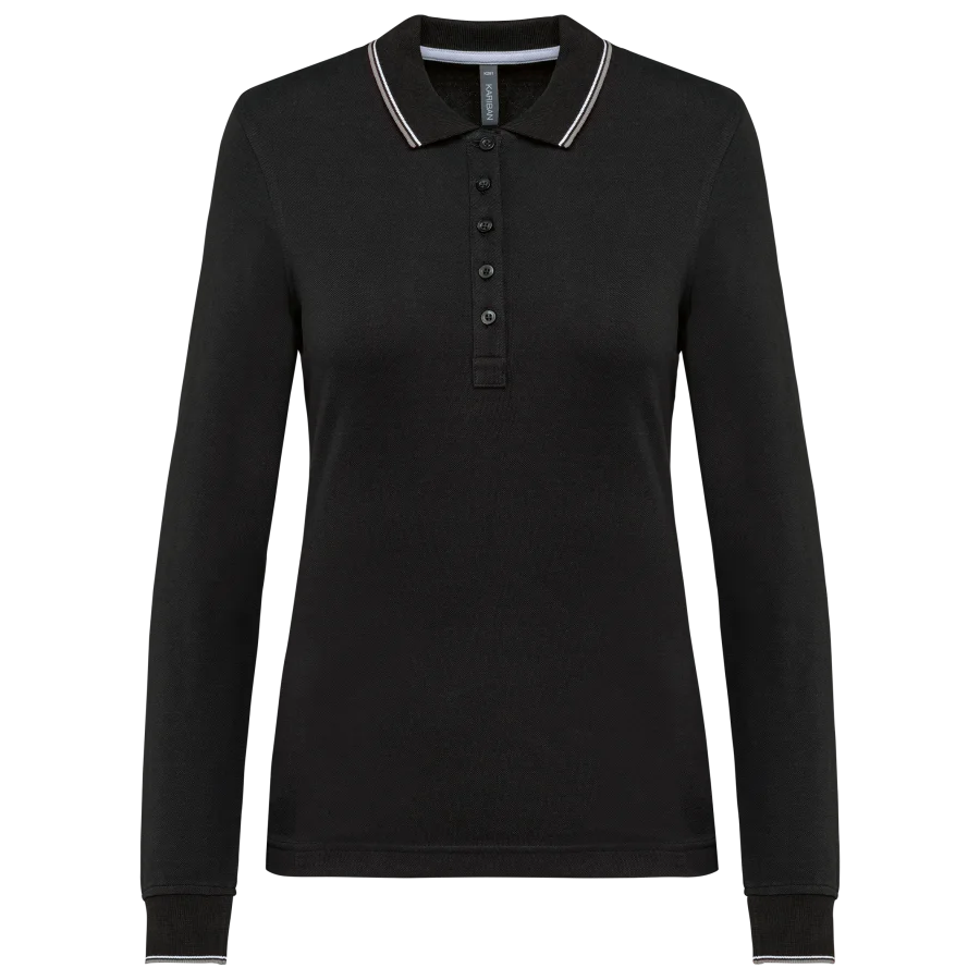 Polo maille piquée manches longues femme coloris Black / Light Grey / White